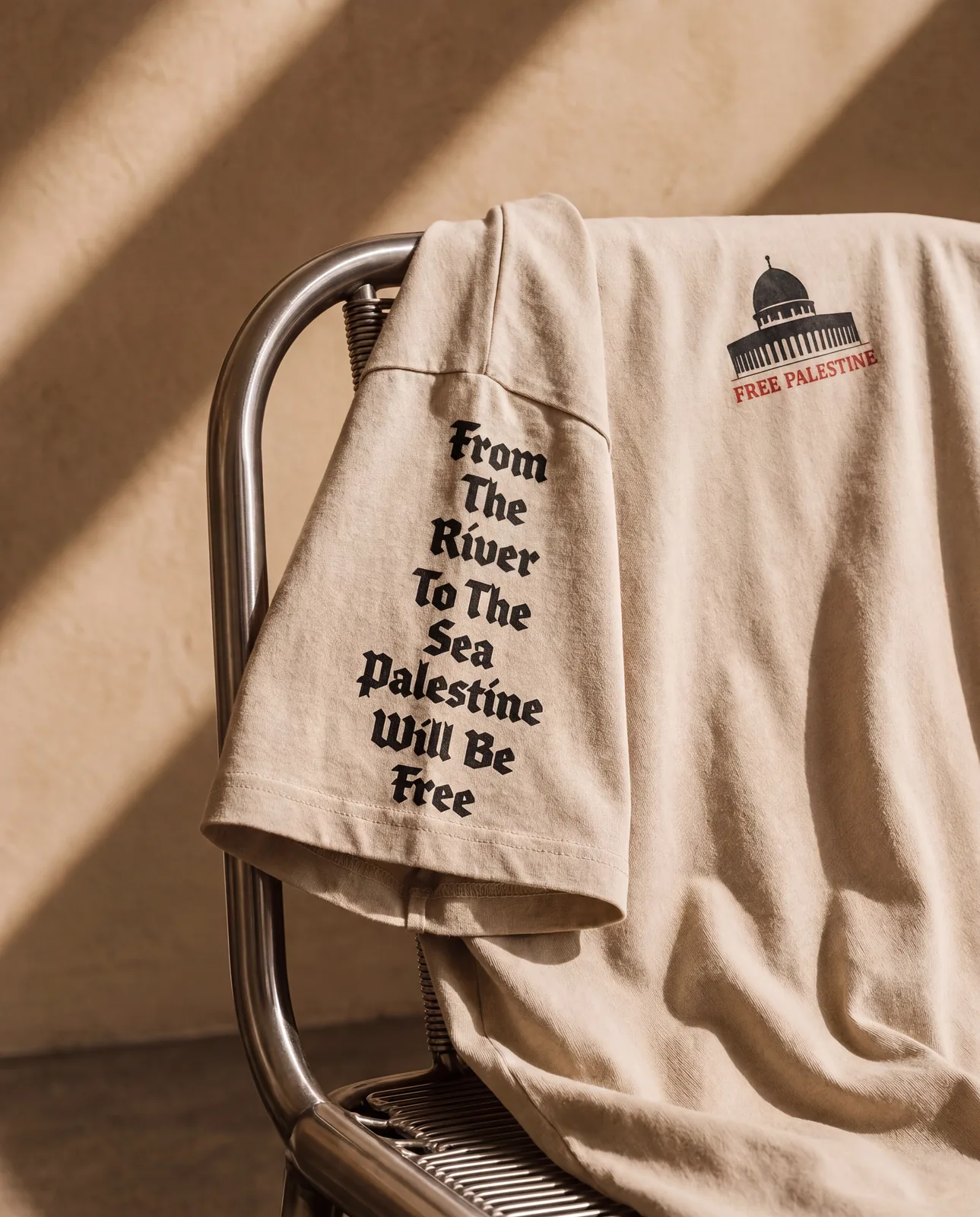 The beige Free Palestine tee over a chrome chair in hard sun, FROM THE RIVER TO THE SEA PALESTINE WILL BE FREE running down the sleeve