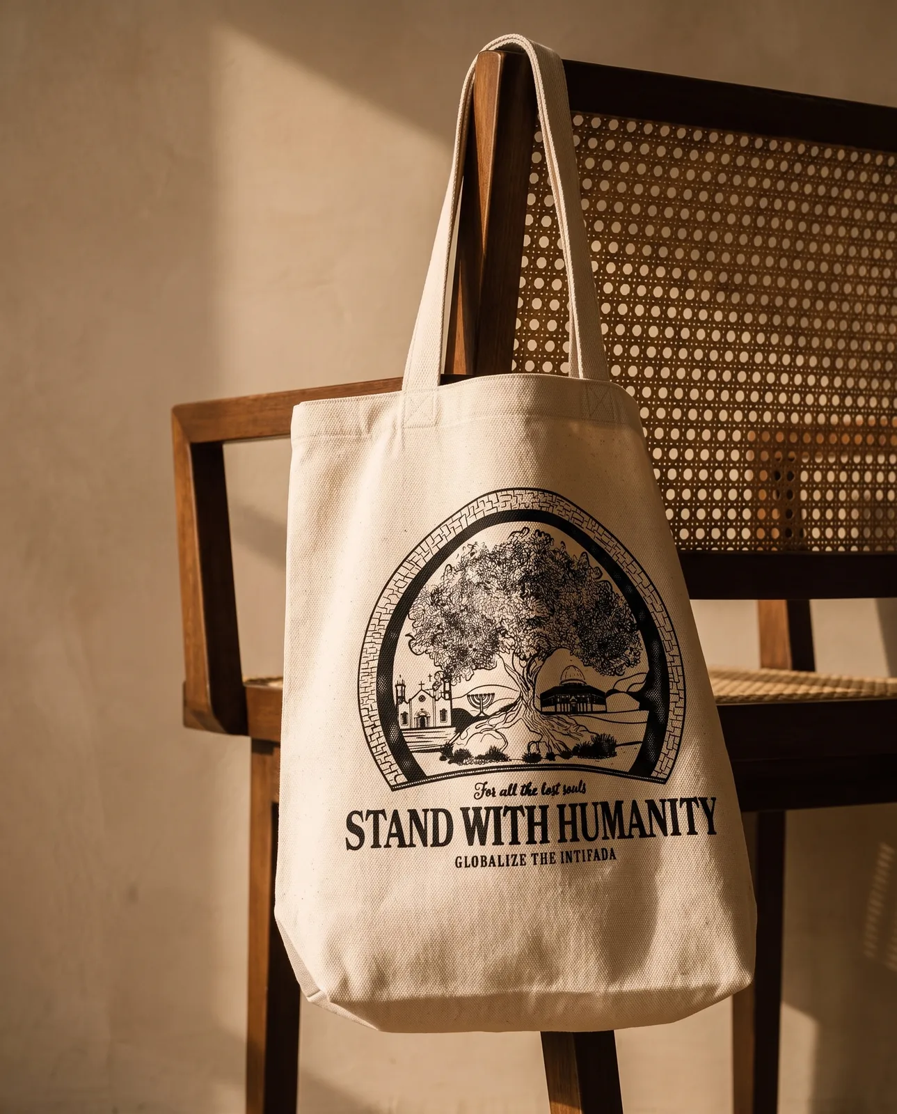 Back of the tote, the olive tree arch with STAND WITH HUMANITY and GLOBALIZE THE INTIFADA beneath it